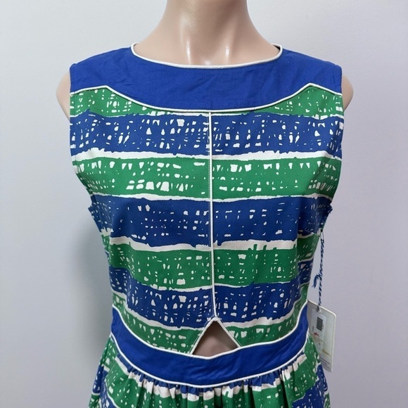 Dear Creatures Phoebe A Line Retro Blue Green Dress Medium Stripe Cut Out - Picture 3 of 9